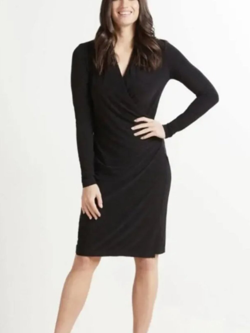 Norma Kamali LBD Faux Wrap Draped Jersey Midi Dress Black Long Sleeve Size S